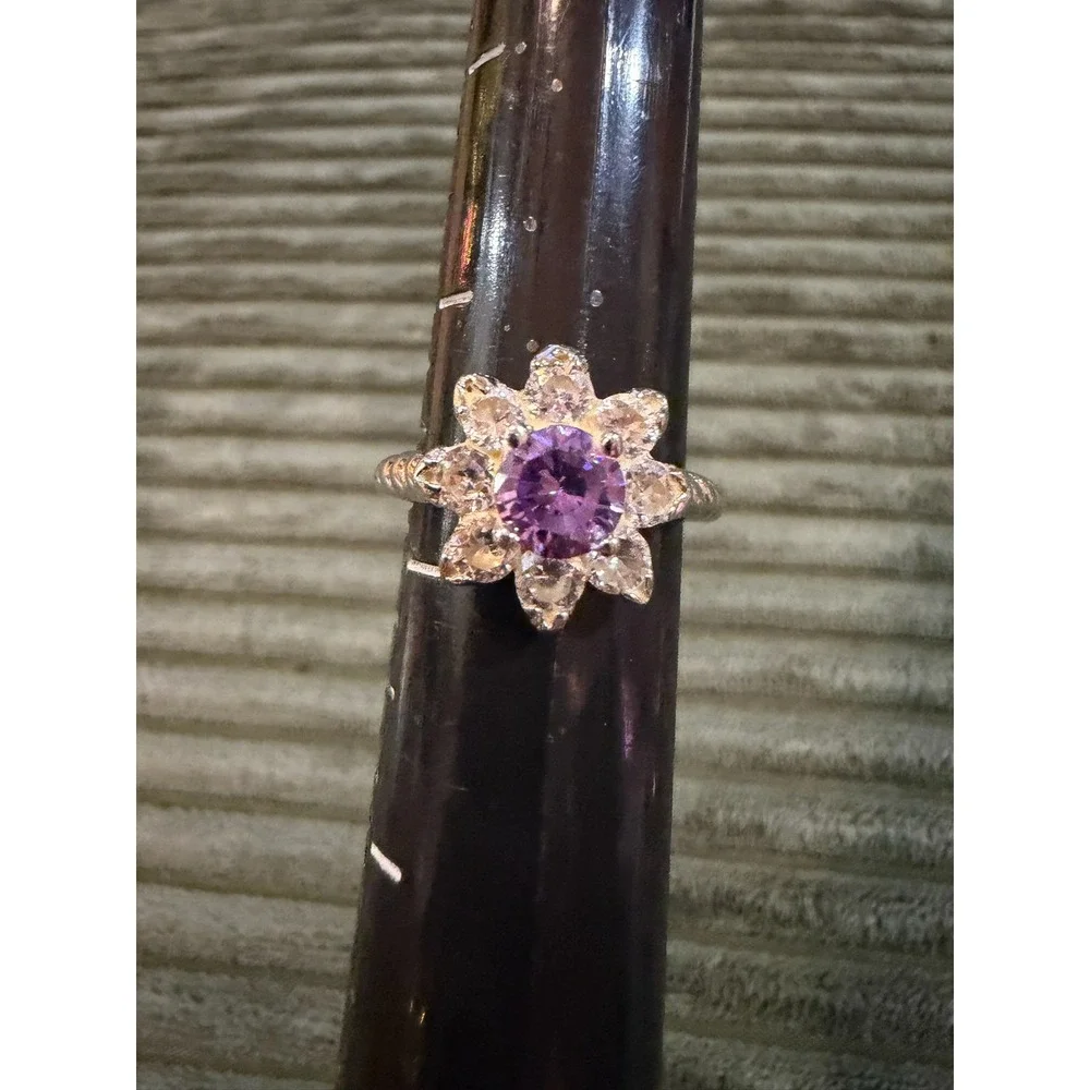 Sparkling Flower Ring Amethyst Saphire‎ Sterling Silver Statement Ring